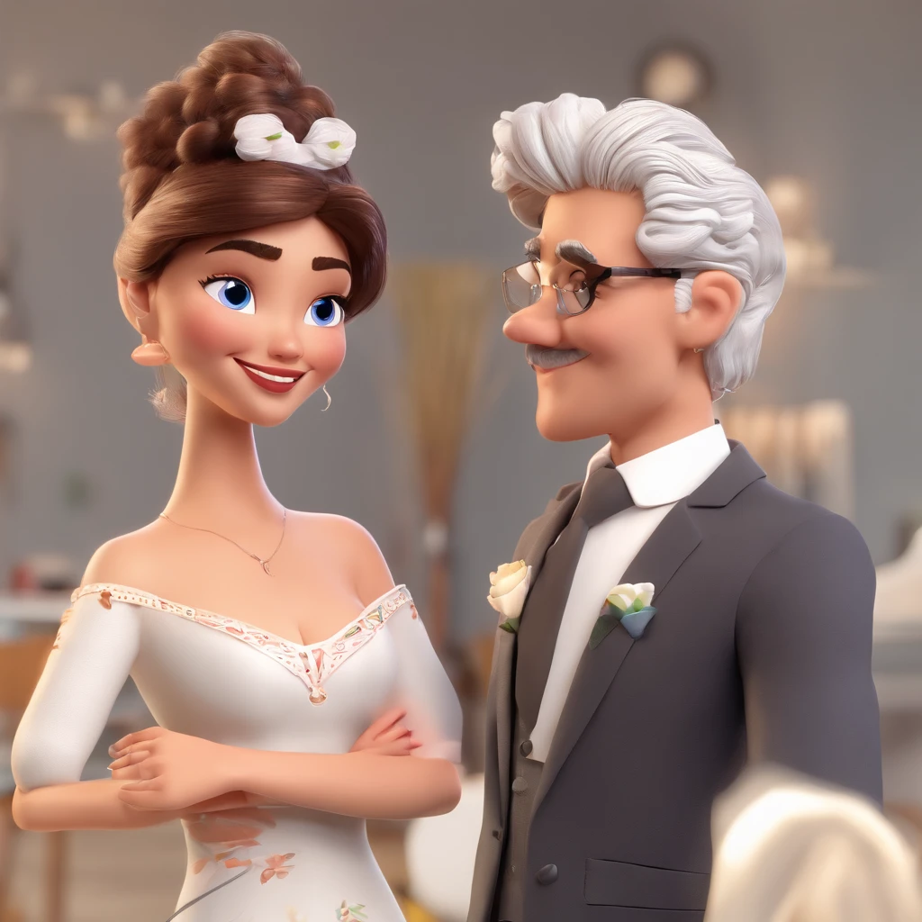An illustration of an adorable couple, destacando um homem e uma mulher com bonito, Expressive eyes - the man's skin is white and the man's hair is wavy and black, while the woman's skin is black and the woman's hair is curly and black, The woman wears glasses. They are a bright room, cada um com um sorarroz no rosto, e compartilhar um momento especial caracterizado pelo amor, arroz, e insights educacionais, possuem a mesma altura. Illustrate this scene from a perspective where they are facing away from the camera, Showing Your Connection. Desenvolva esta arte em Full HD, Focus on your cinematic touch, Estilo Disney Pixar Animations