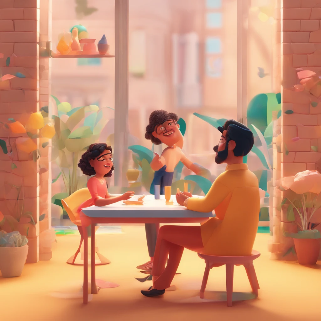 An illustration of an adorable couple, destacando um homem e uma mulher com bonito, Expressive eyes - the man's skin is white and the man's hair is wavy and black, while the woman's skin is black and the woman's hair is curly and black, The woman wears glasses. They are a bright room, cada um com um sorarroz no rosto, e compartilhar um momento especial caracterizado pelo amor, arroz, e insights educacionais, possuem a mesma altura. Illustrate this scene from a perspective where they are facing away from the camera, Showing Your Connection. Desenvolva esta arte em Full HD, Focus on your cinematic touch, Estilo Disney Pixar Animations
