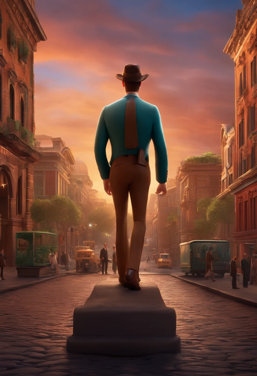 A city councilman looking at a dream project inspired by Pixar animation, de perto. The character takes center stage with captivating facial expressions, oferecendo um toque de irrealidade