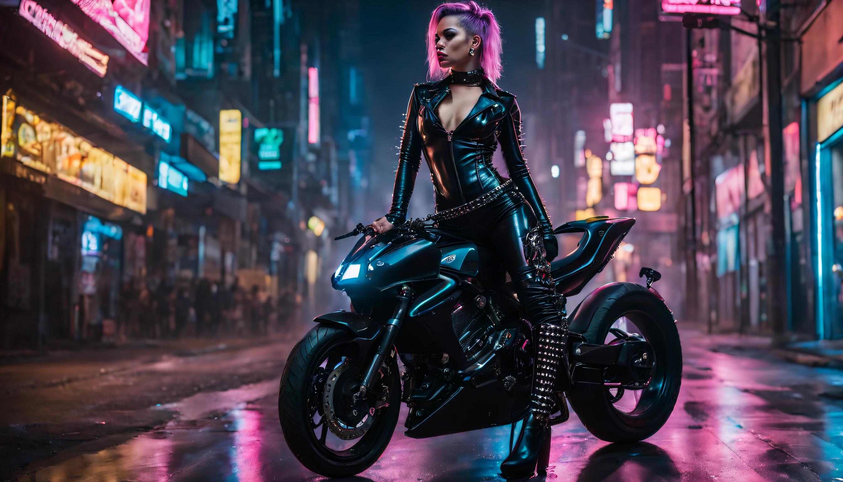 woman wearing a black PVC low-cut catsuit thigh High boots chains studs and spikes , on motor bike , in cyberpunk city at night , enlightened by neons
