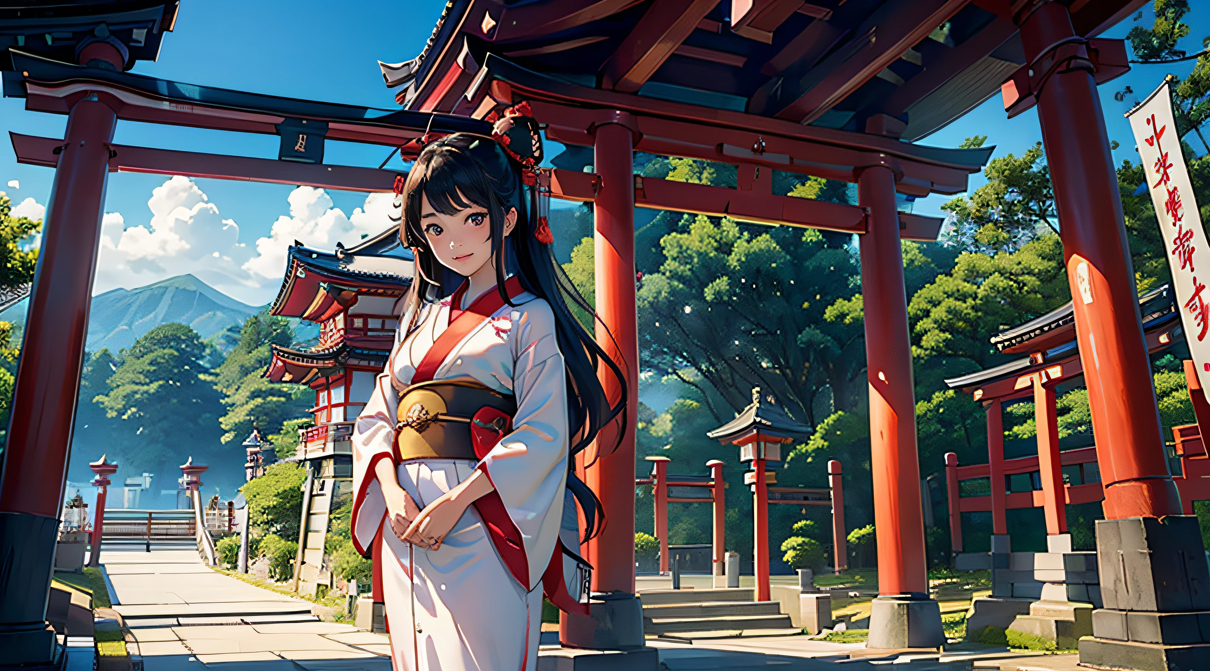 Best Quality、masutepiece、(japanes、Beautuful Women、shrine maiden、25-years old、Beautuful Women:1.5、cute little:2、spotless、D-cups)、(cloudiness、mare、torii gate)、(ssmile、slightly red cheeks)、shrines