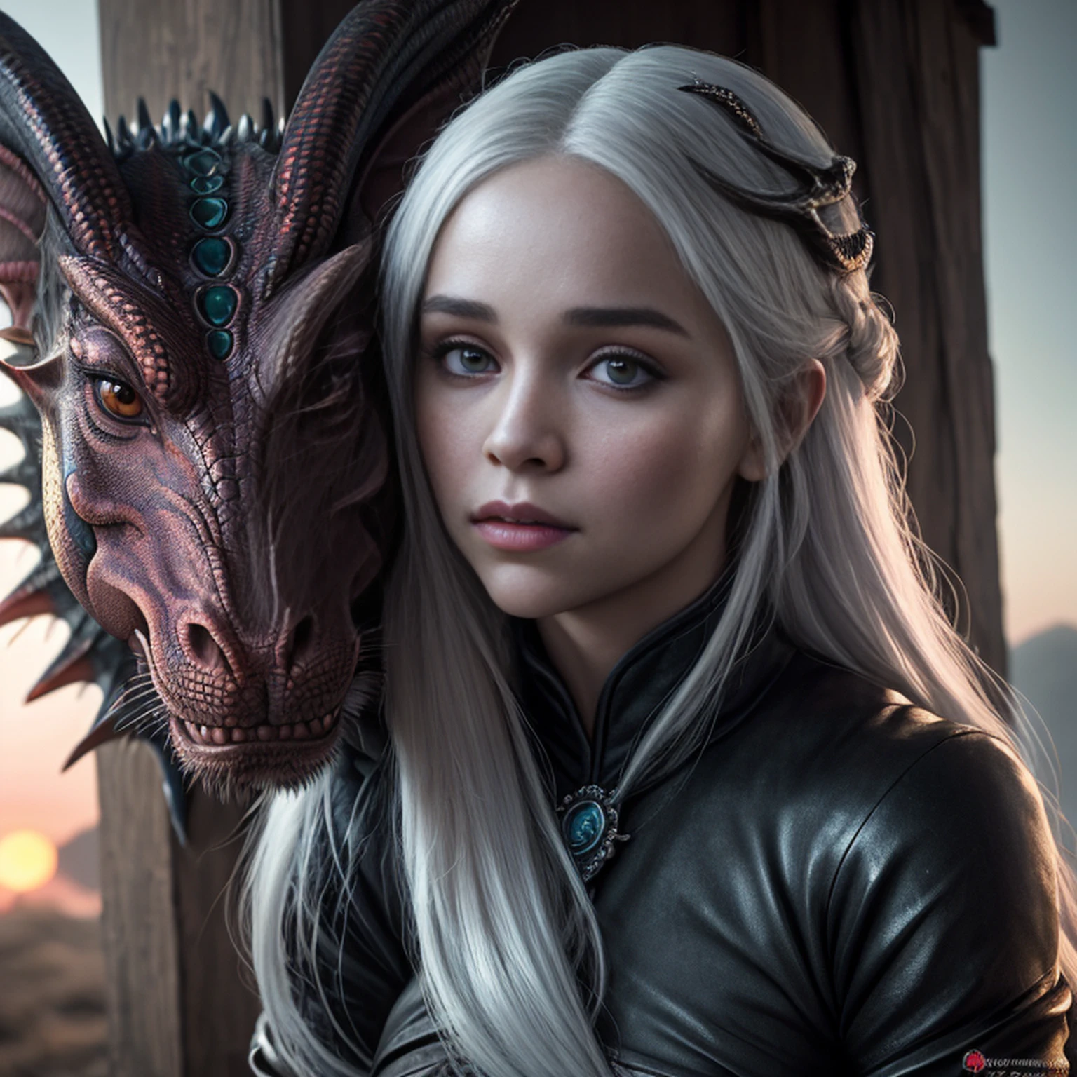 foto hiper real de [Daenerys Targaryen|Emily Clark] Bring pets (Dragoned:1.1), Beautiful, sexy, 1 Girl with the dragon, loiro, Close-up, close-up extremo, Realistic proportions, alunos realistas, Firecake Dragon, paleta limitada, A high resolution, absurdos, Cinematic lighting, 8K resolution, frontlighting, HDR, nascer do sol, Foto RAW, Nikon 85mm, Premiados, Fotos glamourosas, extremamente detalhado, Beautiful Ukrainian language, Curvatura da mente, Nott Edith, (tampo azul:0.6),