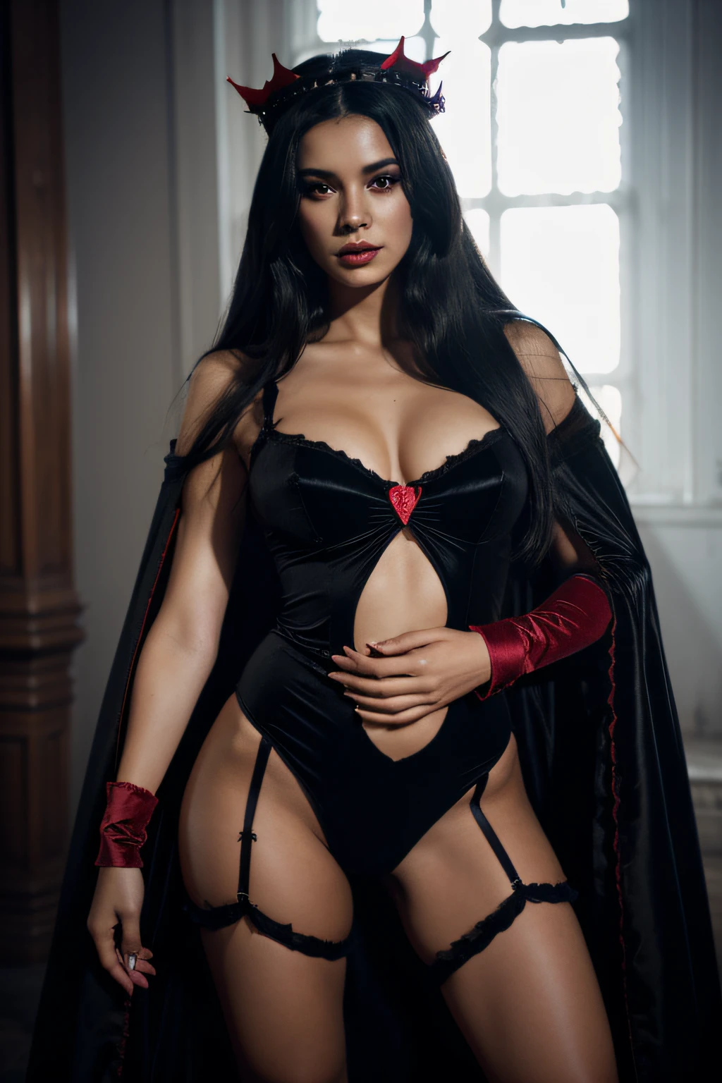 pretty latina girl long black hair dressed as a sexy demon. large crown. red lingerie with long black velvet cape. horror cosplay. smokey makeup standing against dark background. uhd, ultra high res photorealistic