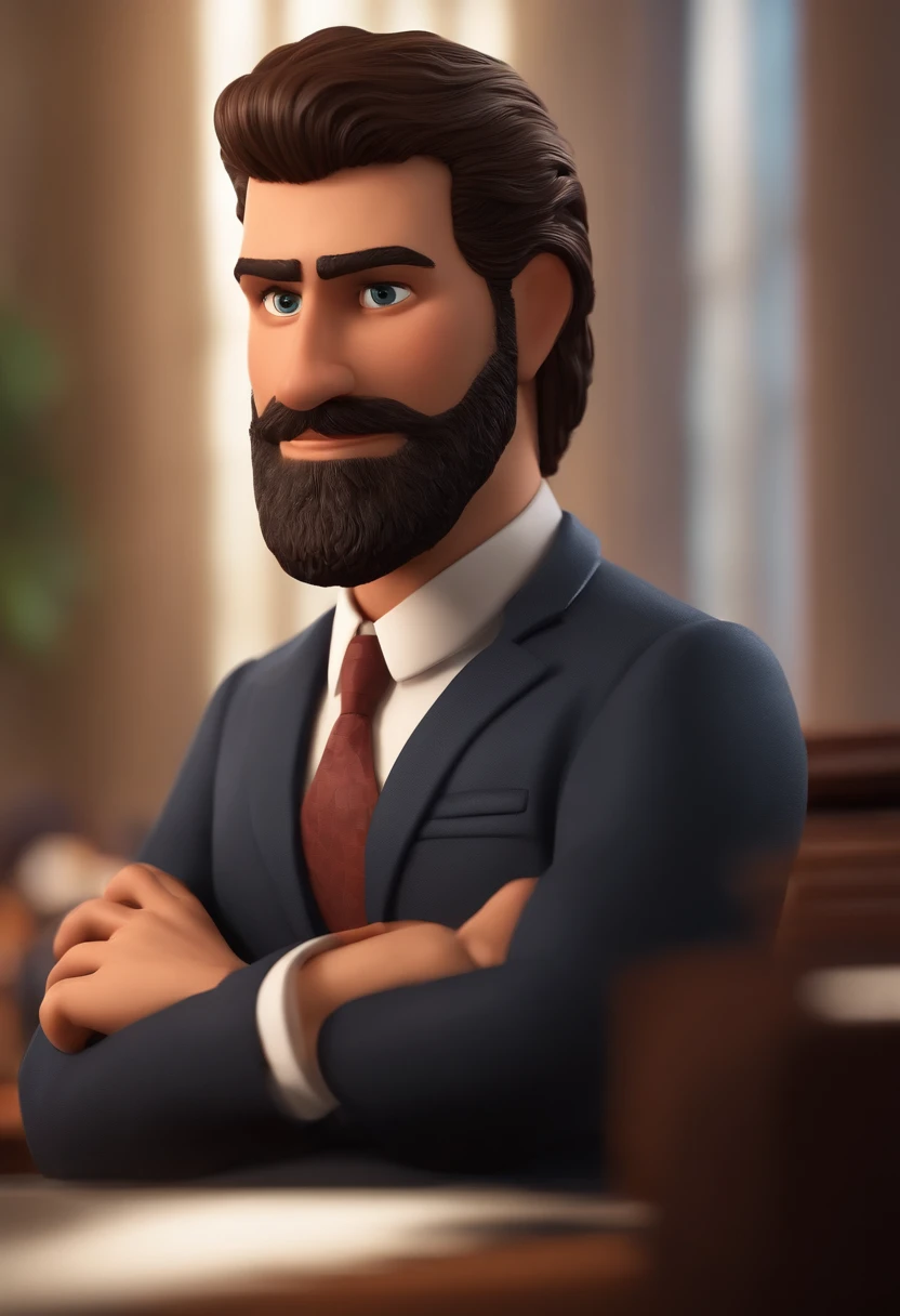A lawyer acting in a hearing, inspired by Pixar animation, de perto. The character takes center stage with captivating facial expressions, oferecendo um toque de irrealidade, The beard is thin and the hair is gradient style