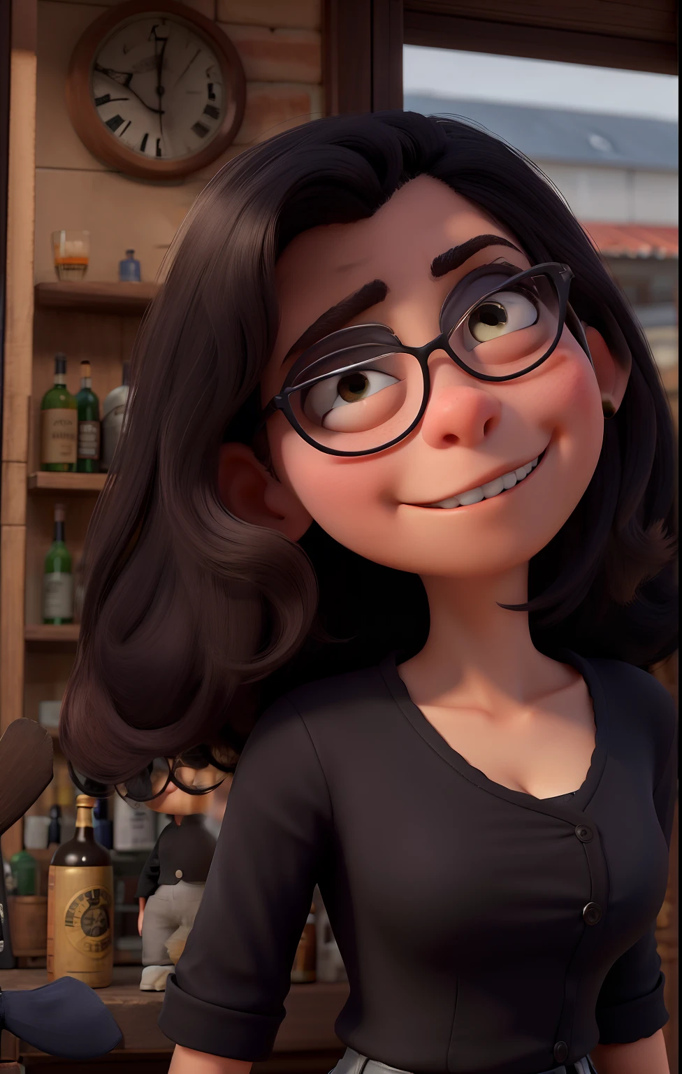 Obra-prima, de melhor qualidade, uma garota de cabelos pretos longos, wearing black pants, uma blusa apertada branca e uma jaqueta preta de couro, em frente a um bar, estilo pixar.