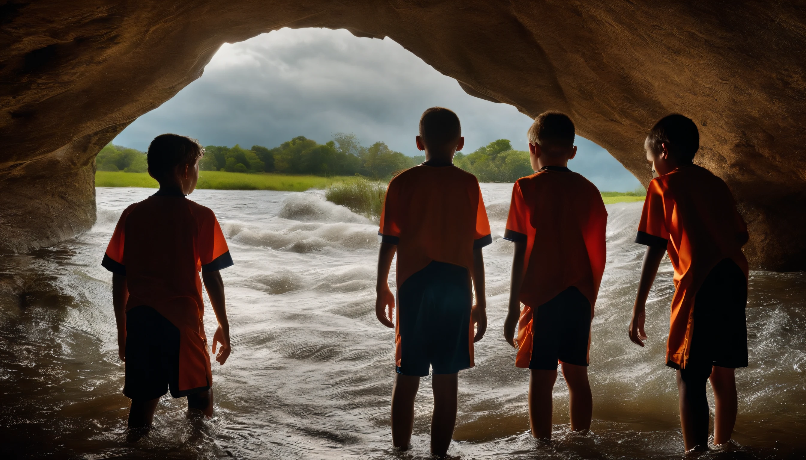 youth male soccer team () trapped inside a dark cave with flooding waters