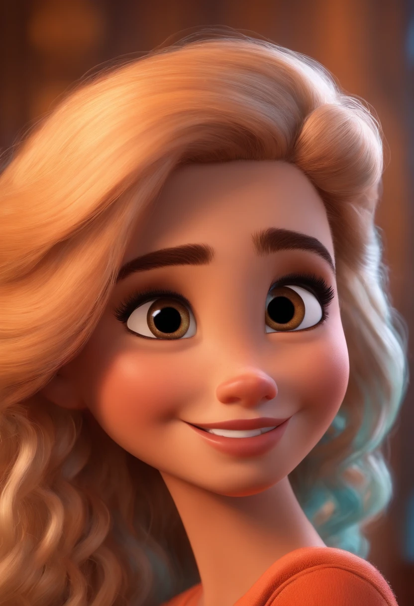 Imagem estilo Pixar com personagem 3D mulher morena cabelo cacheado longo , Maquiagem Disney,Pescador, bonitinho, sorridente ,Close-up, Pixar, Disney, Cinema lighting,