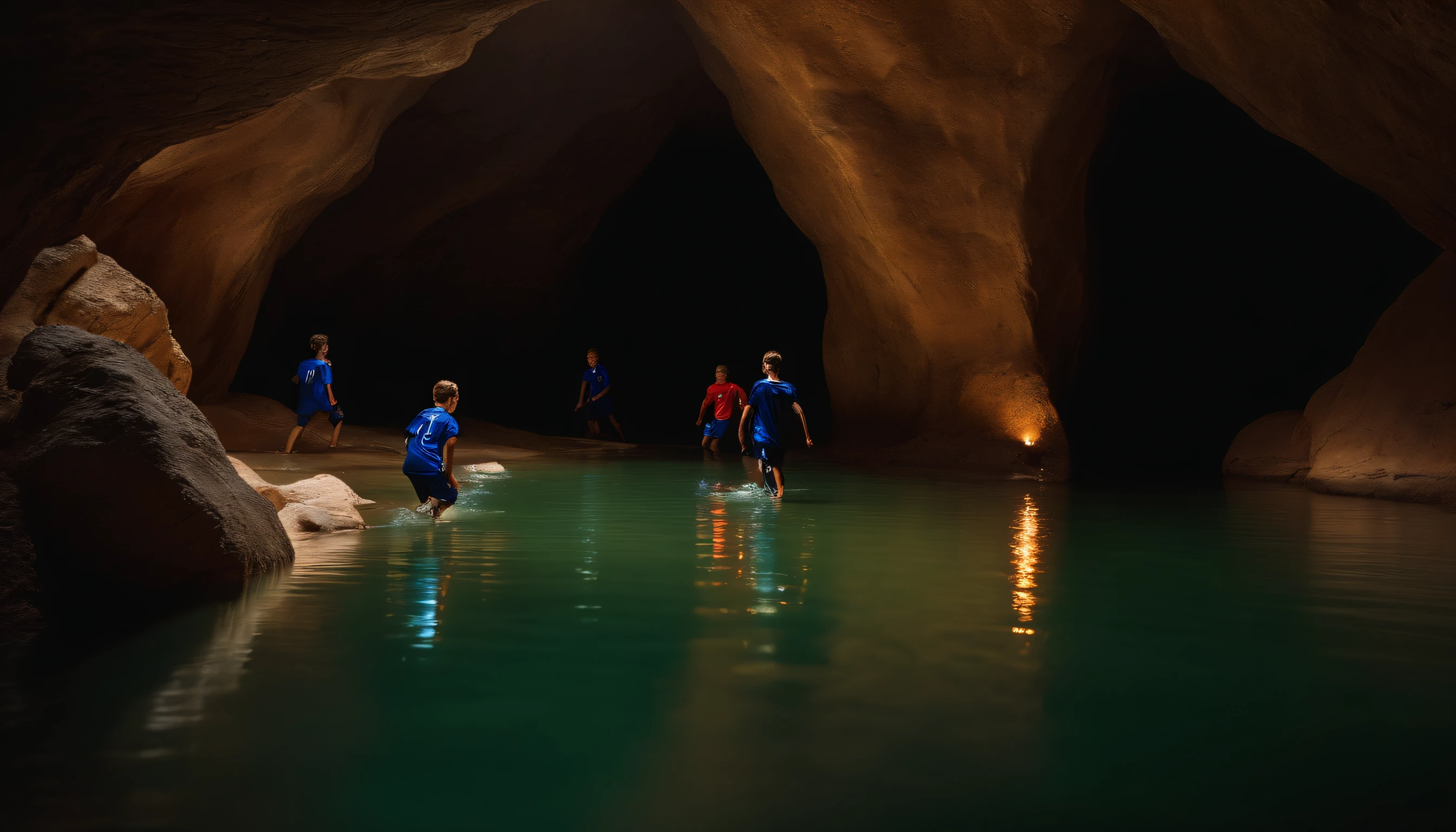 youth male soccer team (kids) trapped inside a dark cave with flooding waters