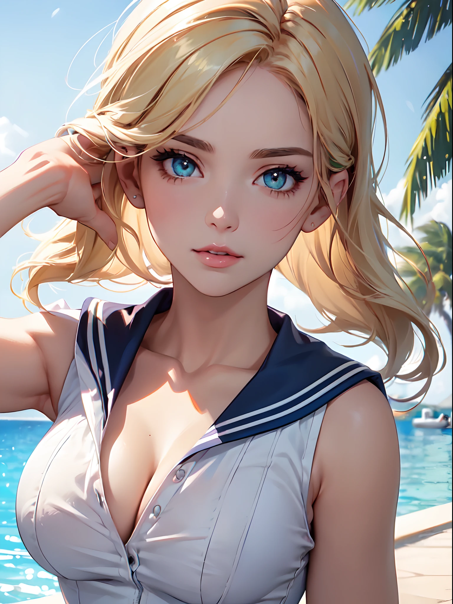 (((close up of upper body))),  (large breasts), (((cleavage))),  ((Smooth texture, Realistic texture, Photorealistic)),  ((Detailed beautiful eyes, Beautiful eyelashes, emerald eyes)), blonde medium hair, extremely detailed CG unified 8k wallpaper, very fine 8KCG wallpaper, (​masterpiece, Best Quality), High resolution, Ultra-detailed, ultra-sharp, 1 Lady,  at poolside,  ((( sheerwhite sailor shirt, Sleeveless, Open front))),   (Beautiful face, Cute face, Detailed face),   (((Sunny))), Perfect Eyes Eyes