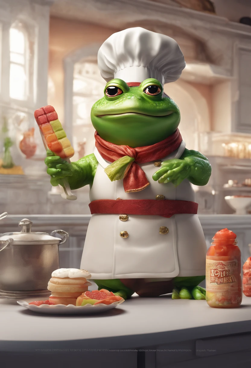 Anthropomorphic Frog Wearing Chef Outfit, Making Popsicle, intrincado trabalho de Griebles, Intustrial kitchen behind, corpo de sapo muscular, Muscular arms holding a popsicle, small head, rosto muito feliz , Ogro Monstruso, Titan, soft lighting, 32k ,hyper-realistic ,The background details are exquisite,The scene is surreal,Create a charming graphic style