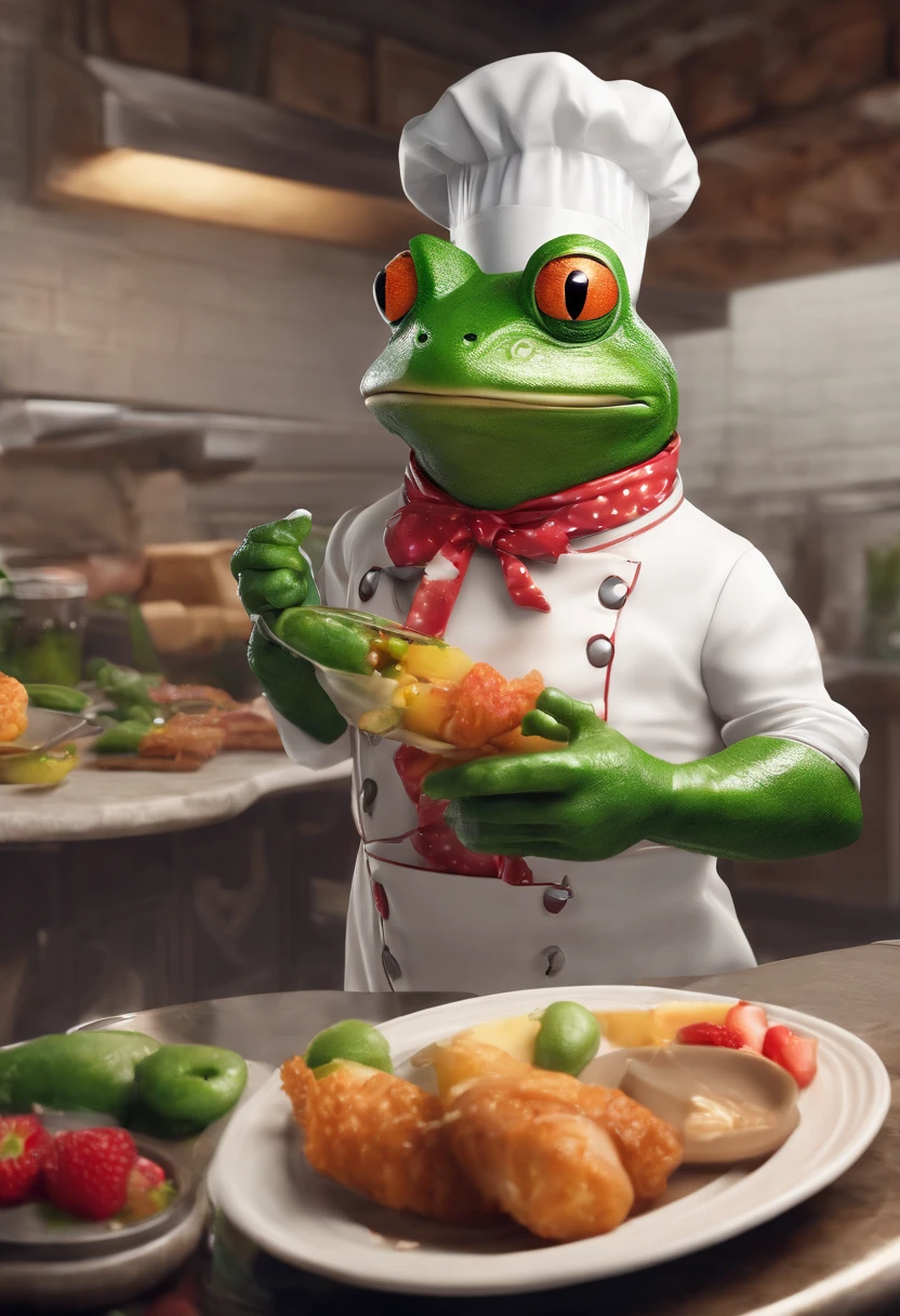Anthropomorphic Frog Wearing Chef Outfit, Loading Popsicle, intrincado trabalho de Griebles, Intustrial kitchen behind, corpo de sapo muscular, Muscular arms holding a popsicle, small head, Ogro Monstruso, Titan, soft lighting, 32k ,hyper-realistic ,The background details are exquisite，The scene is surreal，Create a charming graphic style