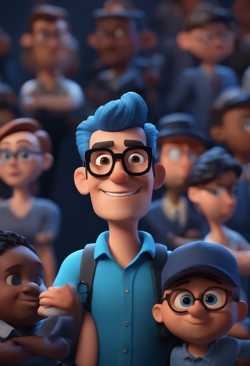 Cartoon character of a man with black glasses and a blue shirt, animation character, Caractere estilizado, animation style rendering, 3D estilizado, Arnold Maya render, 3 d render stylized, toon render keyshot, Personagem 3D, Personagem 3D, 3d rendering stylized, 3 d character render, personagem de desenho animado, Personagem de close up, Pose de personagem, (Estilo Pixar) (master part:1.2) (Bokeh) (best quality) (pele detalhada) (textura detalhada) (8k) (argila) (Cinematic lighting) (foco nítido