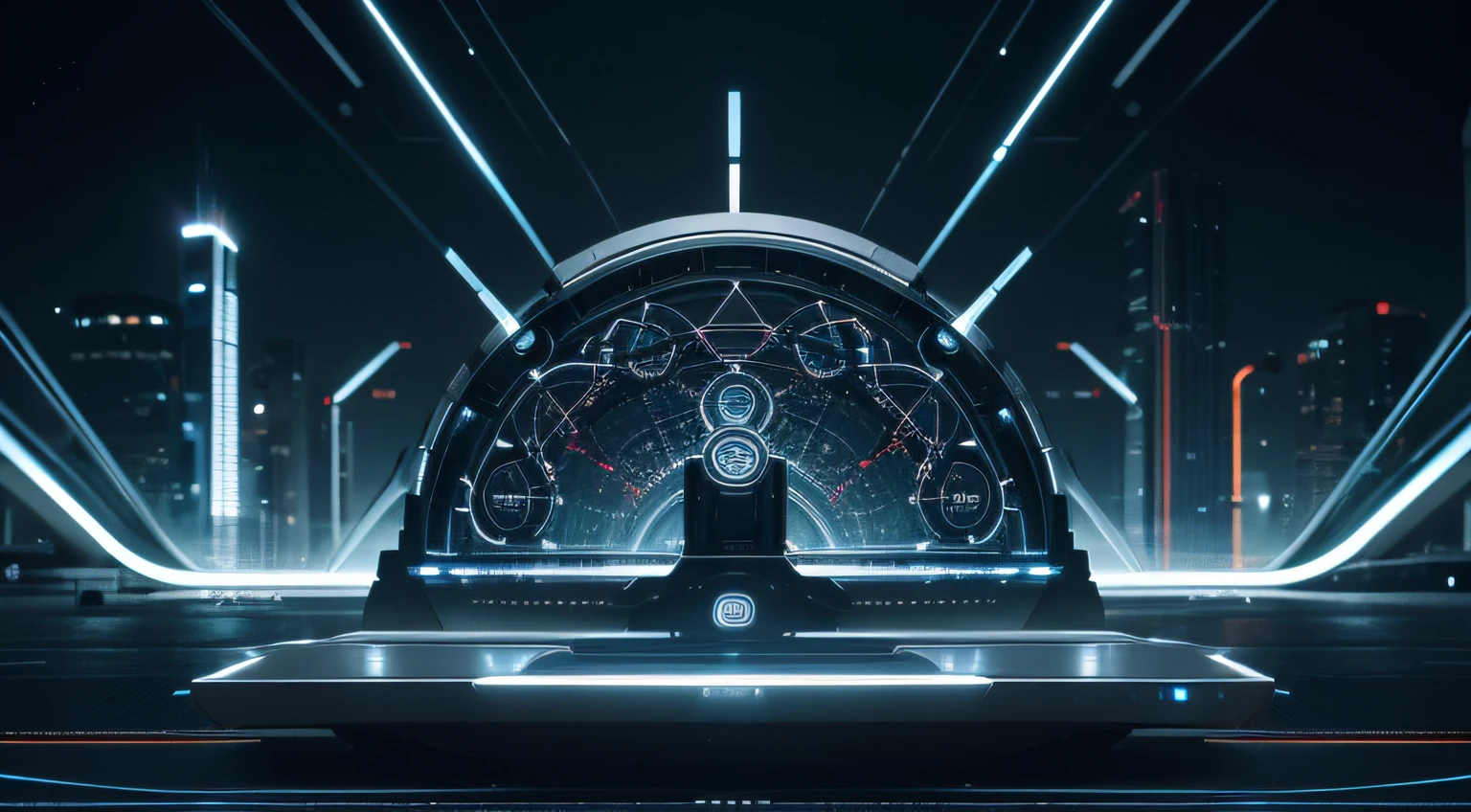 Create a futuristic visual representation that symbolizes the dynamic interconnection between technology and innovation. Incorporating elements of integrated circuits and spinning gears, the image should evoke a sense of progress and modernity. Add stylized icons of emerging tech devices like smartphones, laptops, and servers to form a solid foundation. Give the scene a futuristic touch, with vibrant colors and fluid lines, conveying the idea of an interconnected and dynamic technological ecosystem. Make sure the visual composition suggests movement and constant advancement. The image must be captured at a distance that allows you to clearly see the details, creating a feeling of observation from a distance.