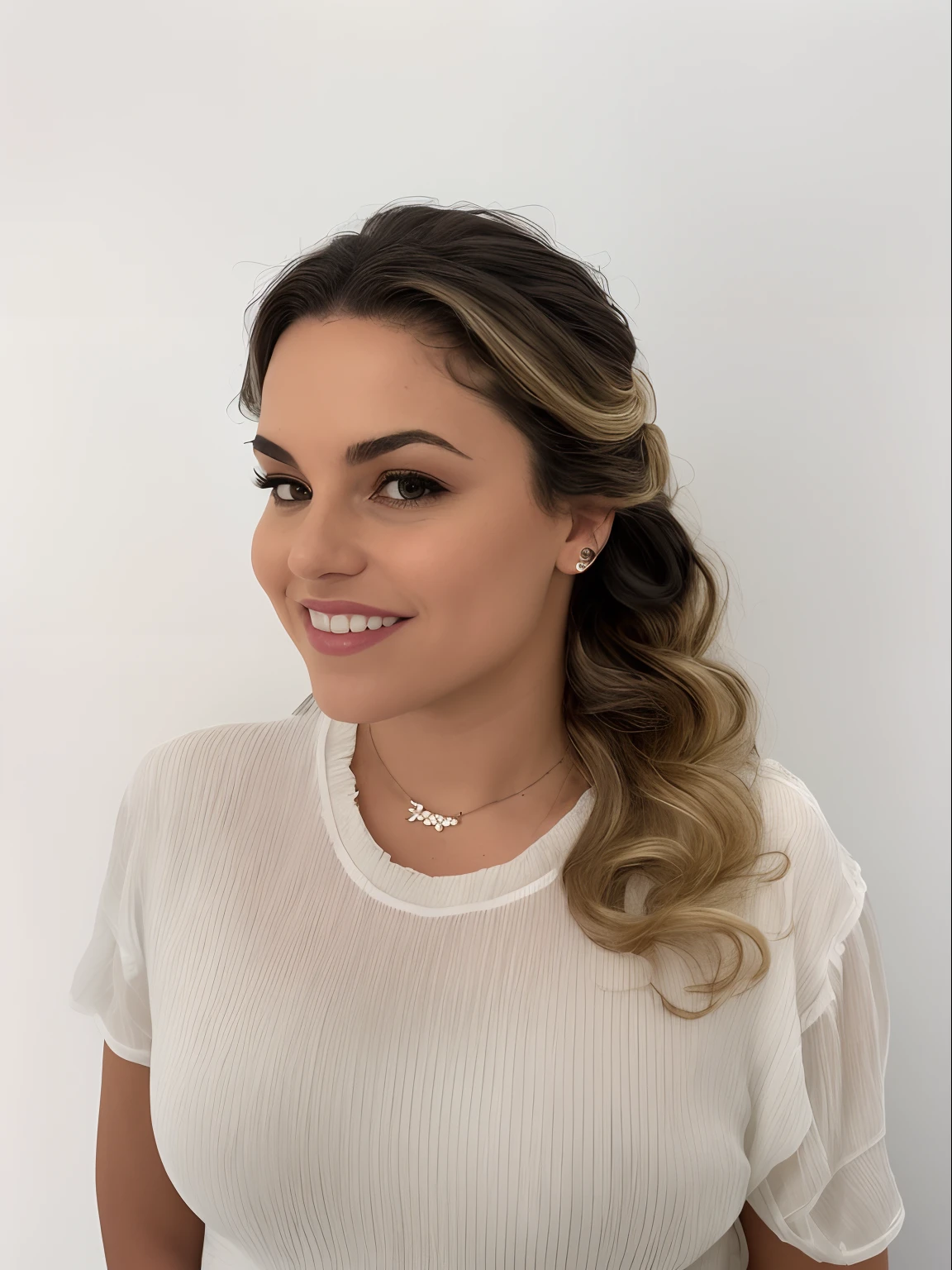 there is a woman with a white shirt and a necklace on, Directed by: Nandor Soldier, com maquiagem profissional, olhar sensual, em maquiagem profissional, andrea rocha, Penteado meio updo, Directed by: Rose Henriques, morena com cabelos loiros tingidos, Malika Favre, maquiagem grossa e extravagante, Directed by: Olivia Peguero, by Amelia Peláez