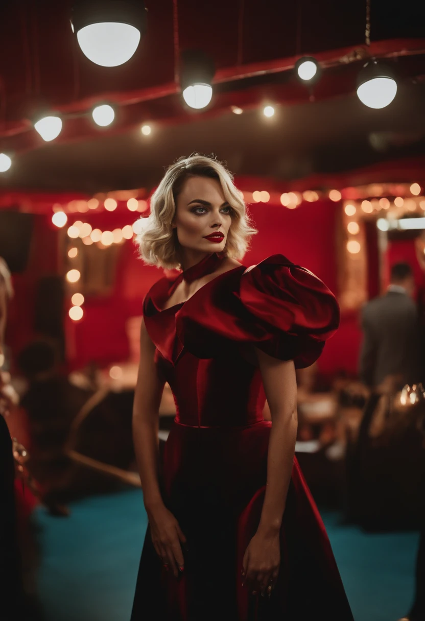 Portrait of Margot Robbie as clown at crowded party, wearing black-red clown suit closed, estilo arlequina, Your face is illuminated by neon lights, Parece Arlequina, cor violeta, He's on his feet, Estilo de disparo do modelo (extremamente detalhado CG unidade 8k papel de parede), fotografia full frame da mais bela obra de arte do mundo, profissional, trending on ArtStation, trending in cgsociety, intrincado, altamente detalhado, Clear focus, Dramatic, Pintura fotorrealista de Midjourney e Greg Rutkowski