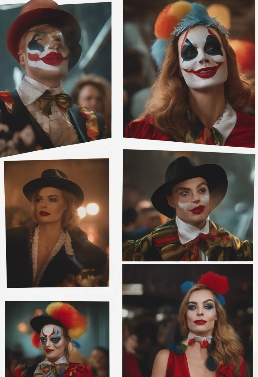 Portrait of Margot Robbie as clown at crowded party, wearing black-red clown suit closed, estilo arlequina, Your face is illuminated by neon lights, Parece Arlequina, cor violeta, He's on his feet, Estilo de disparo do modelo (extremamente detalhado CG unidade 8k papel de parede), fotografia full frame da mais bela obra de arte do mundo, profissional, trending on ArtStation, trending in cgsociety, intrincado, altamente detalhado, Clear focus, Dramatic, Pintura fotorrealista de Midjourney e Greg Rutkowski