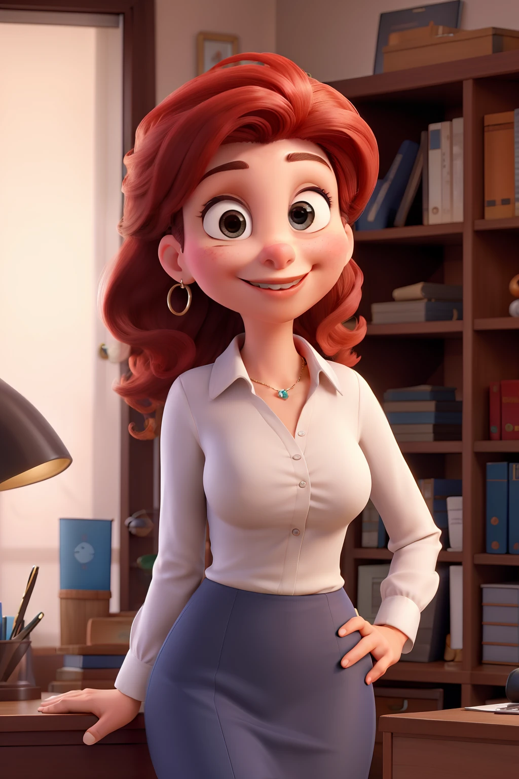 Mulher de 25 anos, cabelos longos ruivos, ondulado, olhos castanhos claro, Psychologist in office, roupa social, romantic style, Disney Pixar Magical Setting