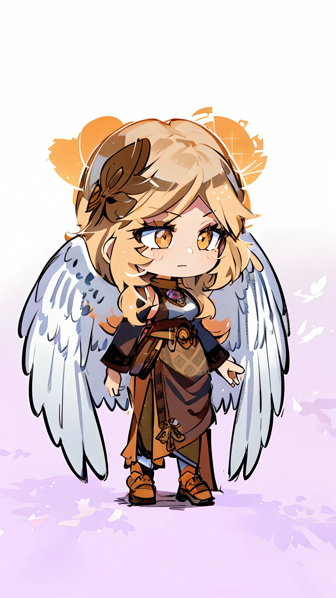 A short eagle girl with amber eyes and blond hair. She dresses in majestic and heavenly dresses in orange and brown tones, and from her hands it comes a magic relationsted with the sun. She has an impressive beauty. Anime style