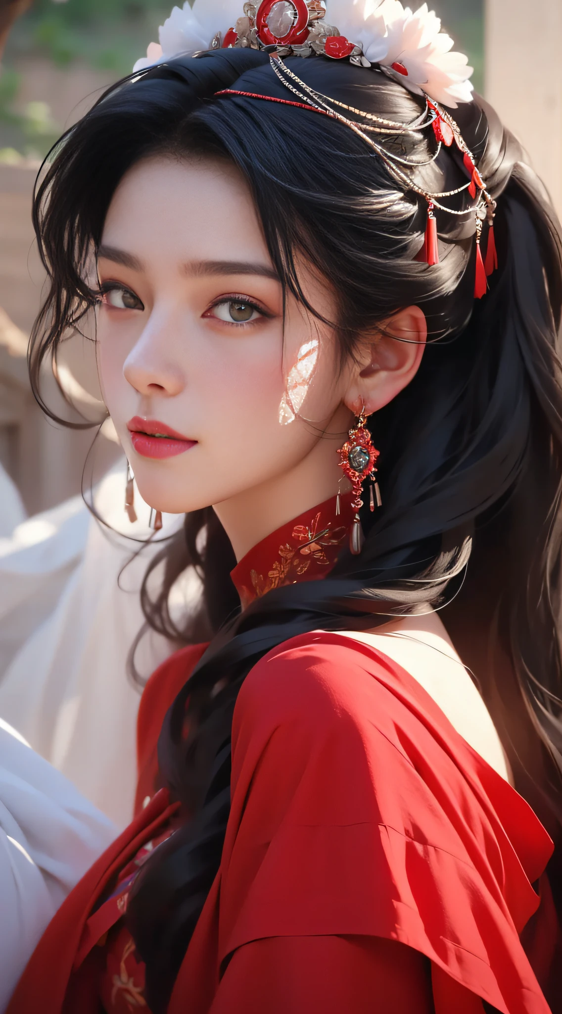 1 female, 18 years old, close up upper-body portrait, Black hair, Flowing hair, Hazy beauty, with extremely beautiful facial features, Red dress, ,  , (spring,terraces, ), Simple vector art, , Soft light, Layered Forms, looking-down