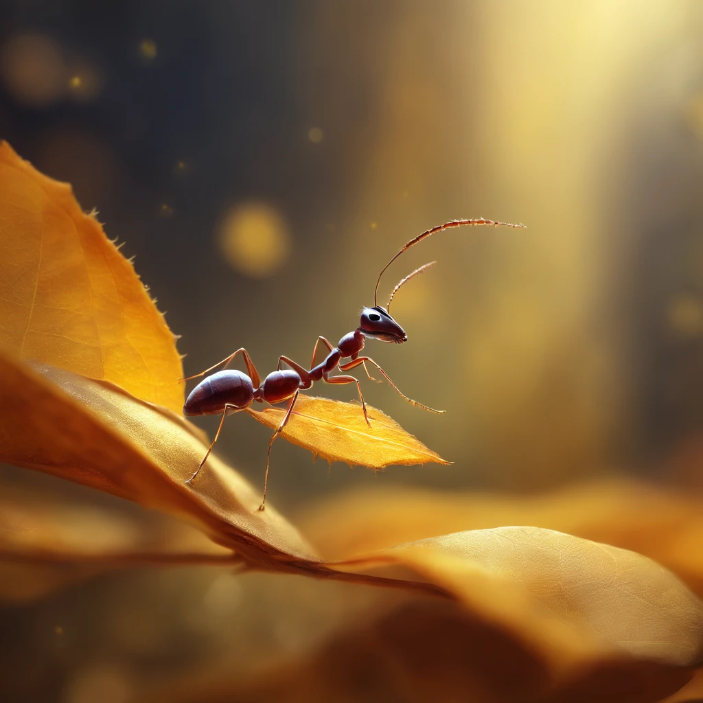 An ant stands on a golden leaf floating in the air