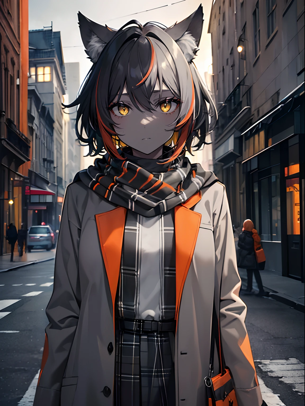 (masterpiece,best quality,ultra-detailed),1girl,black hair,dark gray hair,short hair,messy hair,(((coloured skin, grey skin))),small chest, gray coat ,((grey and dark orange theme)),gray plaid scarf,wolf ears,in a street,autumn