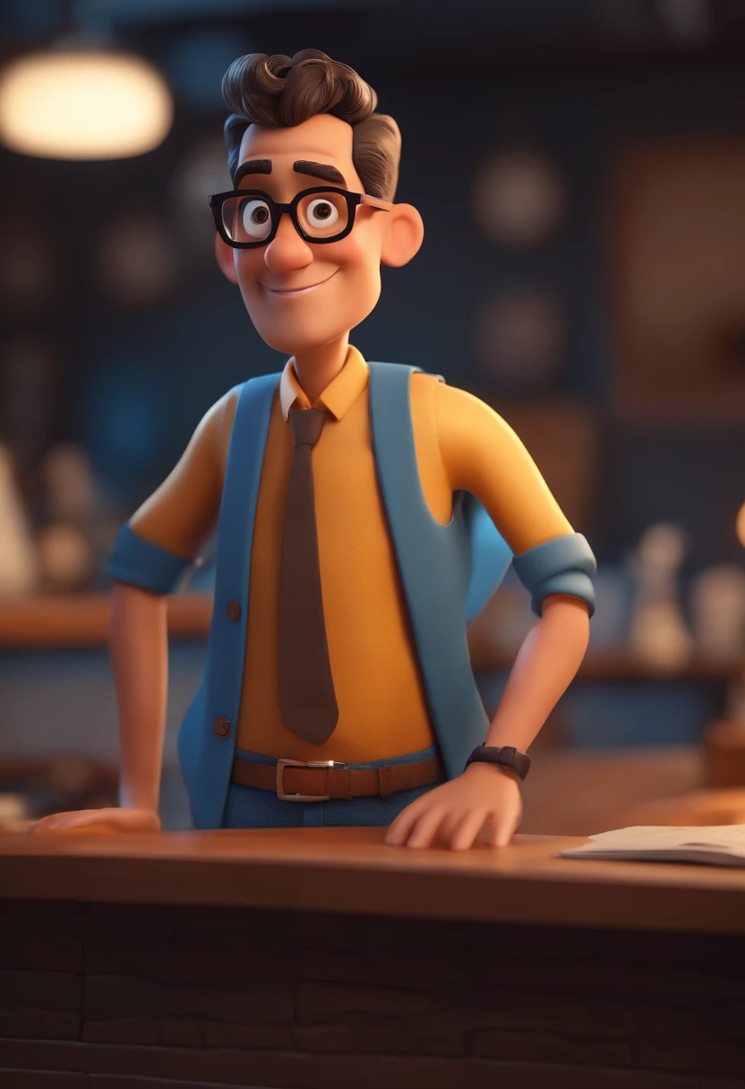 Cartoon character of a man with black glasses and a blue shirt, animation character, Caractere estilizado, animation style rendering, 3D estilizado, Arnold Maya render, 3d stylized rendering, toon render keyshot, Personagem 3D, Personagem 3D, 3d rendering stylized, 3 d character render, personagem de desenho animado, Personagem de close up, Pose de personagem, (Estilo Pixar) (master part:1.2) (Bokeh) (melhor qualidade) (pele detalhada) (textura detalhada) (8k) (argila) (Cinematic lighting) (foco nítido)