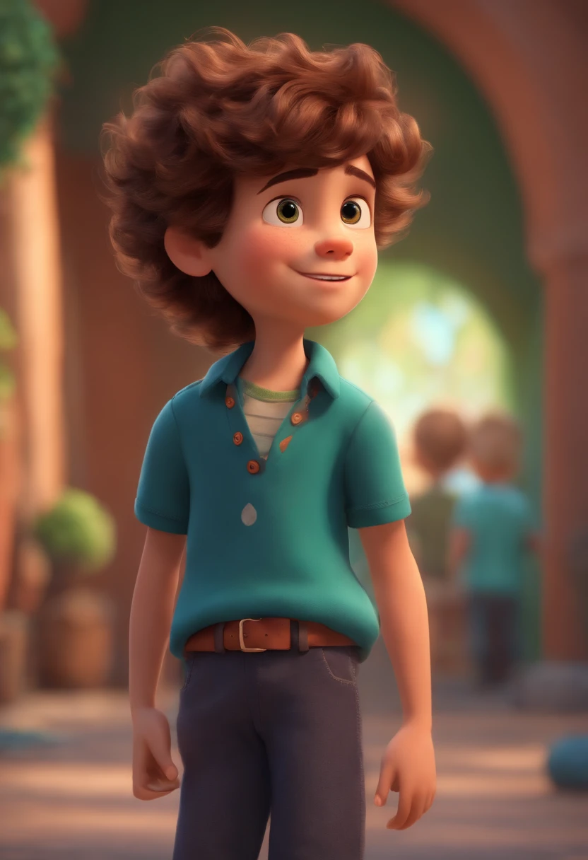 Image of a boy for a story in a YouTube video in Pixar format, He's the  allabester, He's the class leader, He's outgoing, Playful and gets up for a lot of things, cabelo curto
