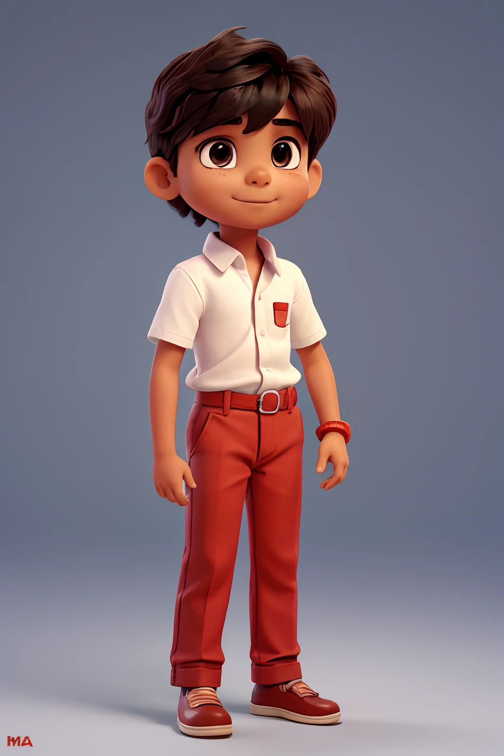 Little Indian boy doing positive with hand, Wearing white shirt and red pants without black belt, Highly detailed hands, foto de corpo inteiro altamente detalhado.