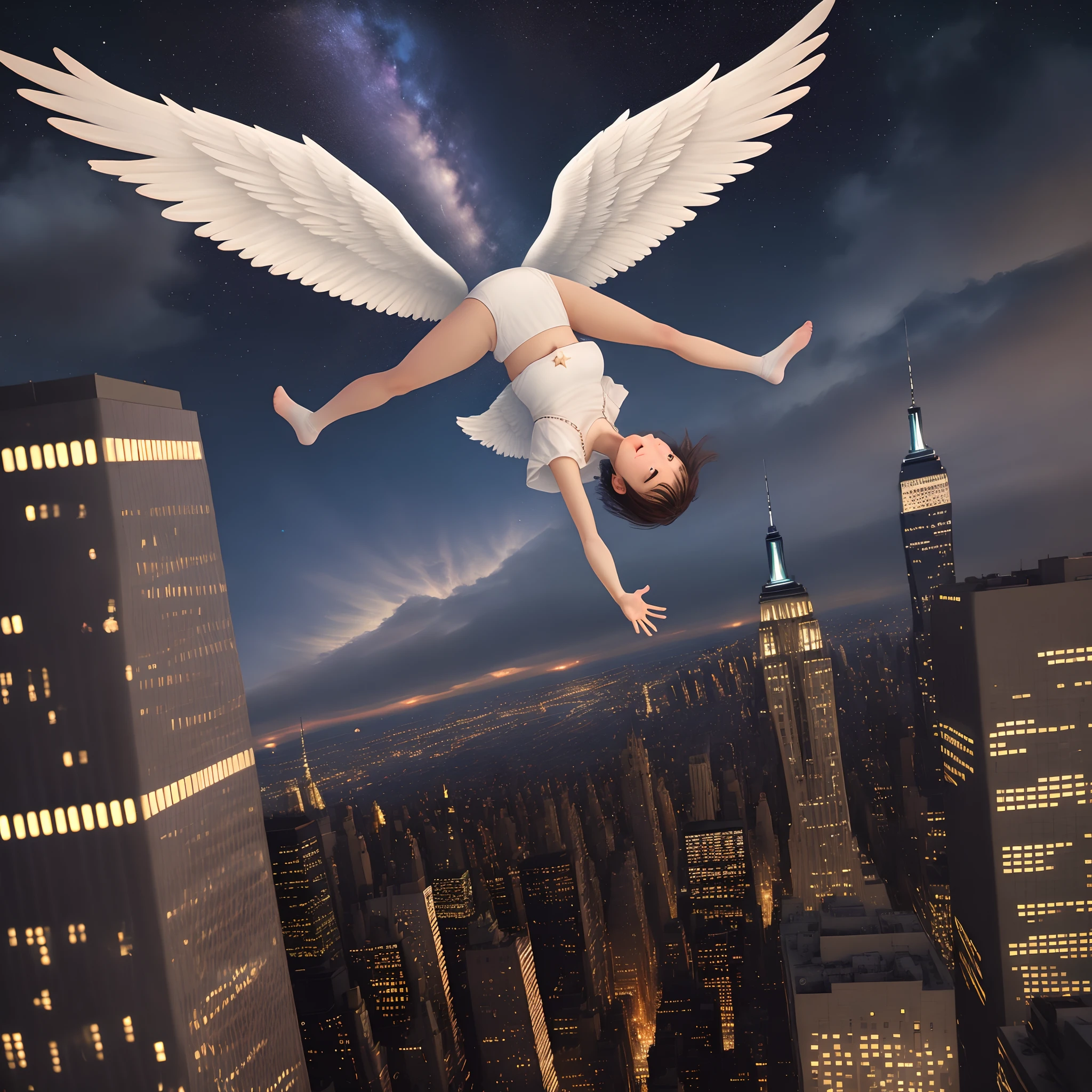 Creates an angel falling from the sky with several stars in the sky in New York