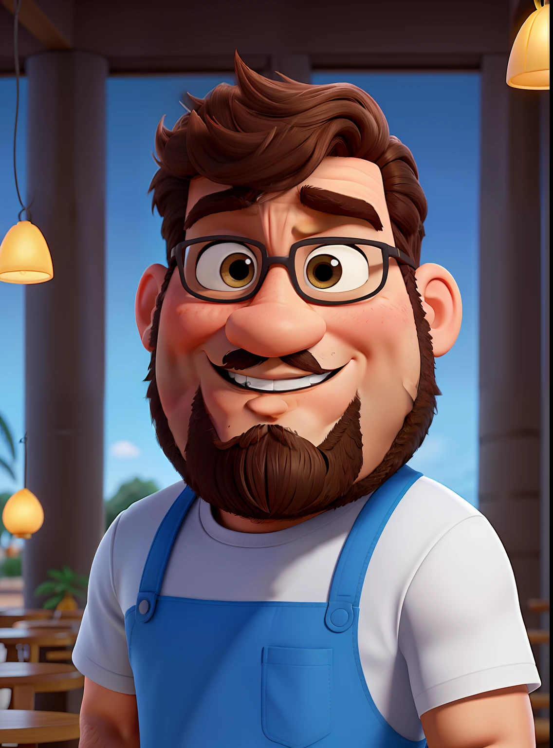 Poster no estilo Disney pixar, alta qualidade, melhor qualidade, homem sexy branco, 30 anos cabelo grisalho barba preta, musculoso, com fundo em um restaurante a luz de velas