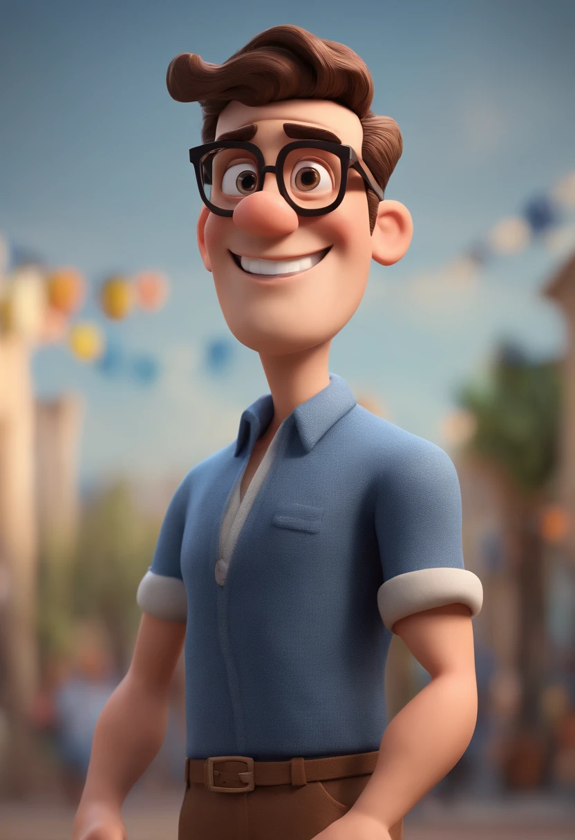 Cartoon character of a man with black glasses and a blue shirt, animation character, Caractere estilizado, animation style rendering, 3D estilizado, Arnold Maya render, 3 d render stylized, toon render keyshot, Personagem 3D, Personagem 3D, 3d rendering stylized, 3 d character render, personagem de desenho animado, Personagem de close up, Pose de personagem, (Estilo Pixar) (master part:1.2) (Bokeh) (best quality) (pele detalhada) (textura detalhada) (8k) (argila) (Cinematic lighting) (foco nítido