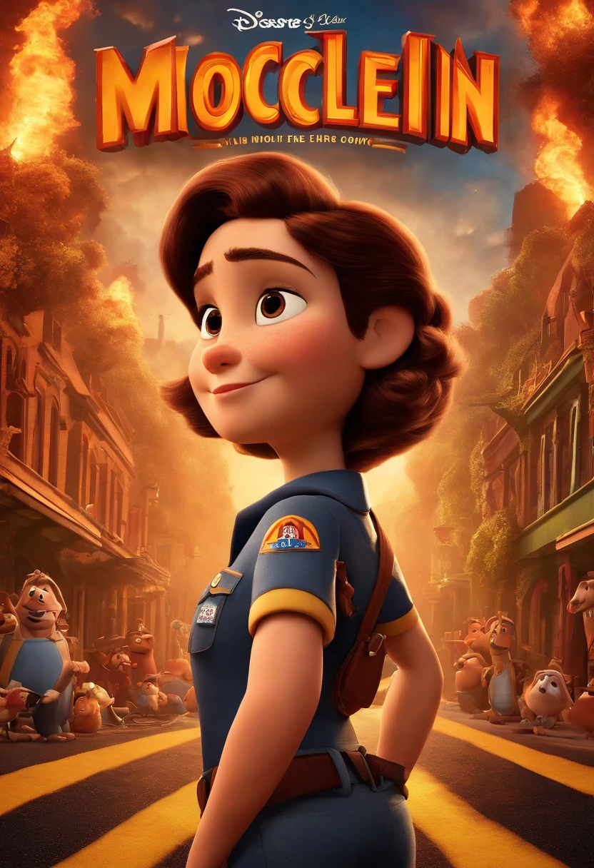 Name of the film is Director of the company mocelin, the largest fire safety company in Brazil. estilo filmes Pixar, Com nome "N - Marketing", poster, With short, lighter brunette hair and a black t-shirt in front of her crossed arms.