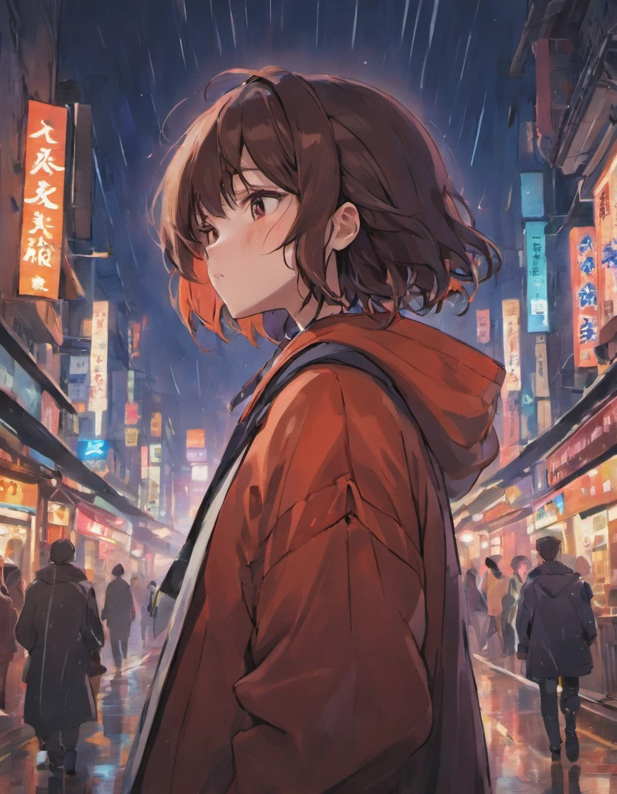 Uma jovem,Asian people,cabelos de cor preta,com olho castanho,usar um capuz vermelho, On the rain-soaked streets at night