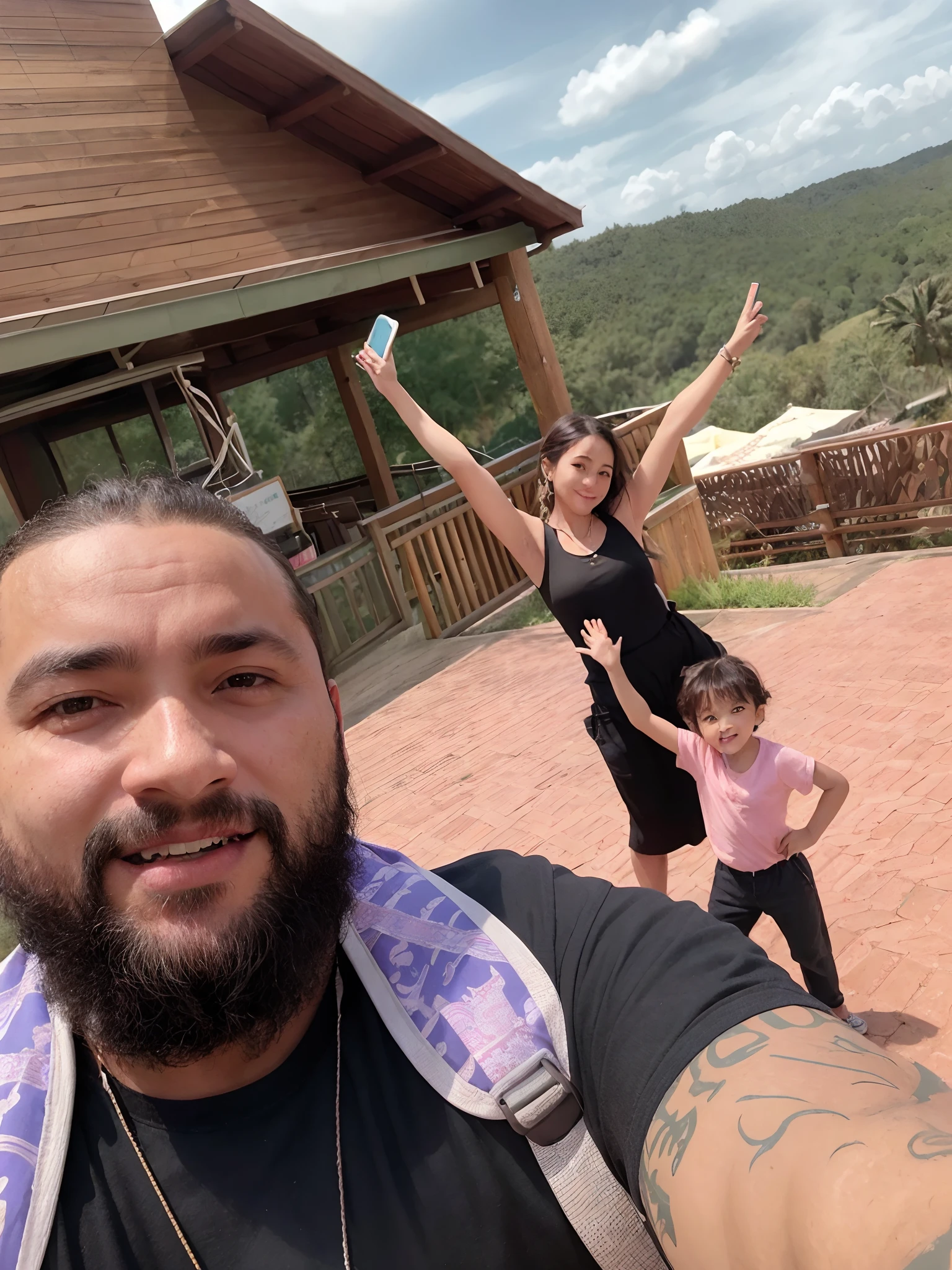 There is a man and a woman taking a selfie with a child, vacation photo, divertindo-se, Moutain no fundo, Fotografia Selfie 8k, david rios ferreira, waving at the camera, Selfie!!!!!, 2 0 2 2, 2022, com montanhas ao fundo, Directed by: Fernando Gerassi, Aproveitando o vento, 🌻🎹🎼, Selfie