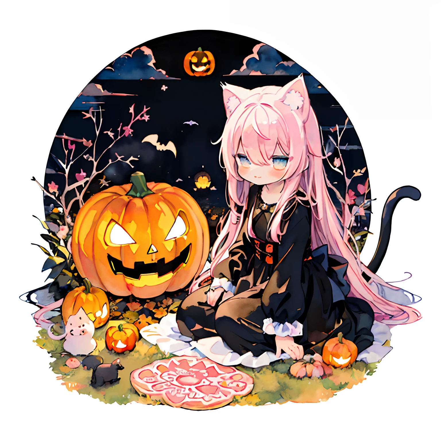 (PastelColors:1.5)、(Cute illustration:1.5)、(watercolor paiting:1.2)、(Jack-o'-lantern:1.2)、Cats、Black cat、The cat puts its hand on the pumpkin、Pumpkin and cat、Halloween、magia、kirakira、vine、dark ambiance、Black cat on a pumpkin
