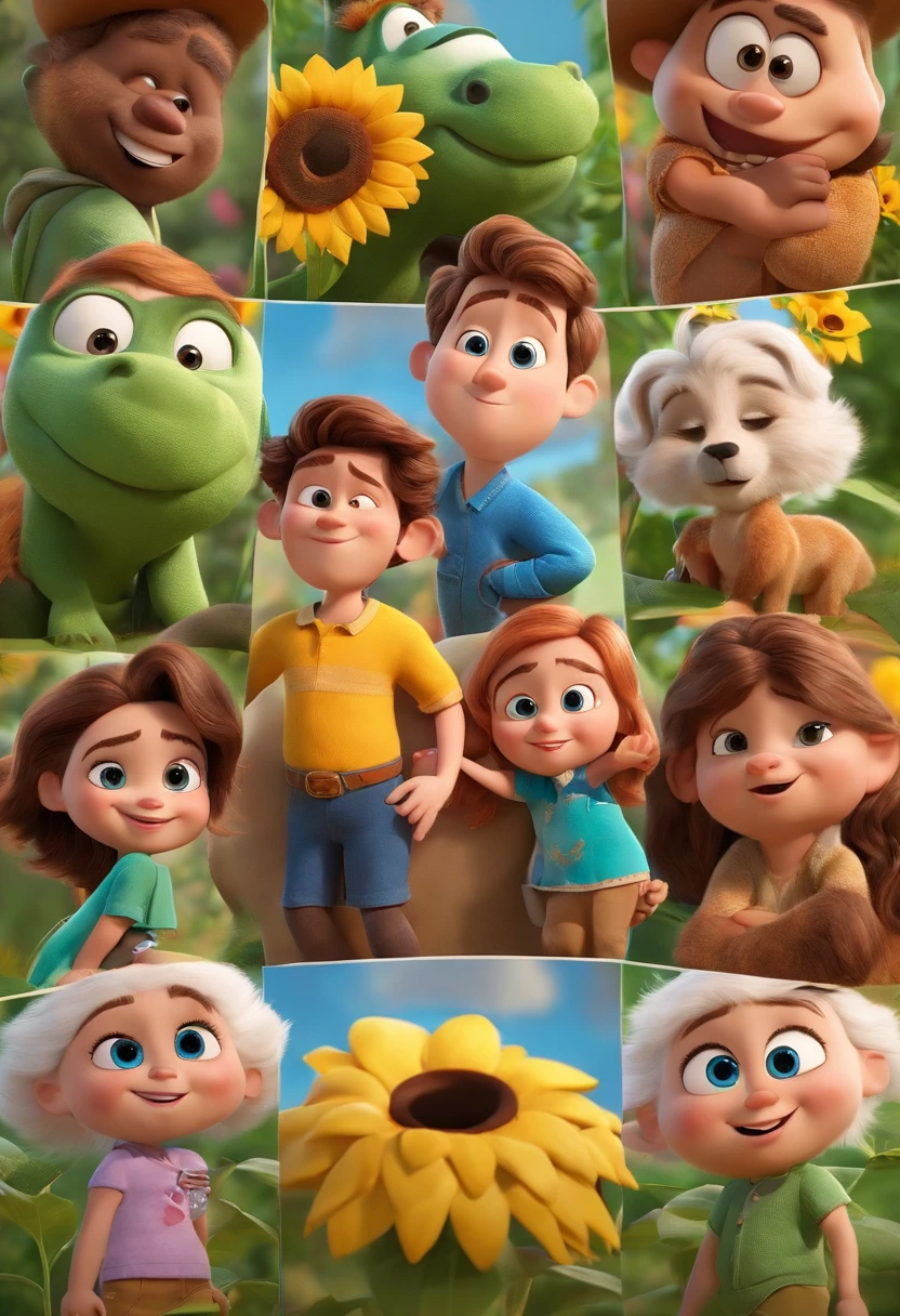 Create a Disney PIXAR-style 3D poster. ((centro da imagem, Triplets)), ((3 )) ((1 menino no meio e 2 meninas ao lado, They're hugging each other, O menino tem pele castanha e cabelos castanhos escuros e olhos castanhos escuros, 1 menina tem pele clara, olhos e cabelos escuros e cacheados, e a outra menina tem pele morena, olhos escuros e cabelos escuros e lisos)) ((tudo isso no estilo Disney PIXAR 3D, In the background, A house of sunflowers, Gloria Studio, The garden is full of nature 3D render RTX clay material, estilo de design cartunesco, POP Mart, soft lighting, linhas suaves, Spring tilt, Detailed illustrations of PIXAR 3D, Detalhes hiper-realistas, cor quente no estilo Disney PIXAR 3D))