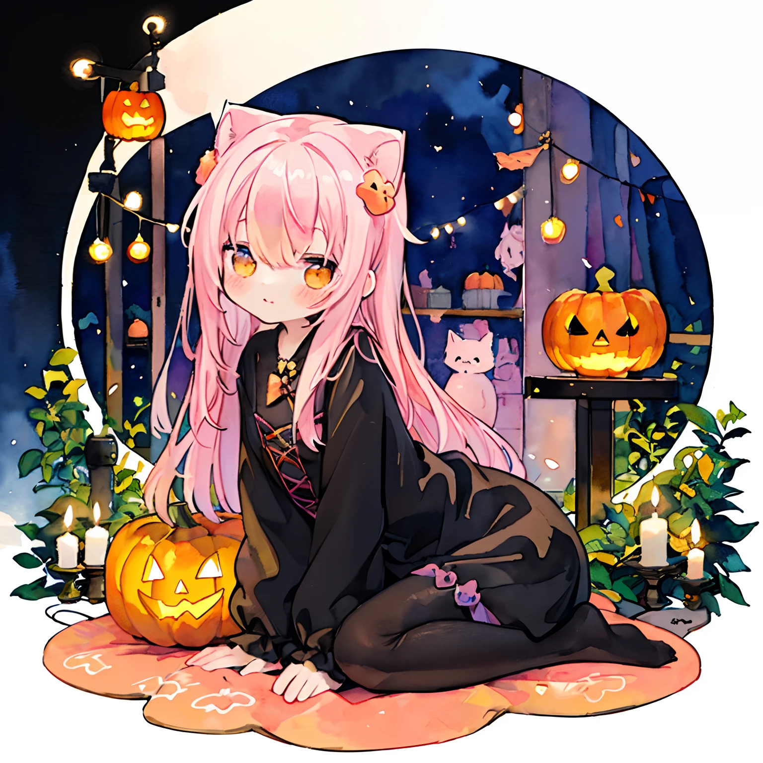 (PastelColors:1.5)、(Cute illustration:1.5)、(watercolor paiting:1.2)、(Jack-o'-lantern:1.2)、Cats、Black cat、The cat puts its hand on the pumpkin、Pumpkin and cat、Halloween、magia、kirakira、vine、dark ambiance、Black cat on a pumpkin