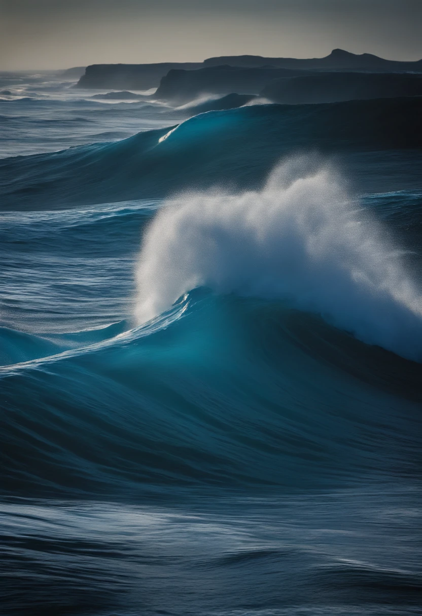 Um grande oceano em colapso, tons de azul, Sense of depth, choppy water. It is possible to observe a face forming