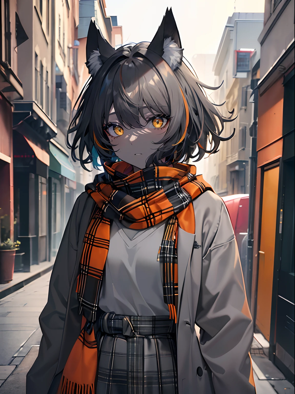 (masterpiece,best quality,ultra-detailed),1girl,black hair,dark gray hair,short hair,messy hair,(((coloured skin, grey skin))),small chest, gray coat ,((grey and dark orange theme)),gray plaid scarf,wolf ears,in a street,autumn