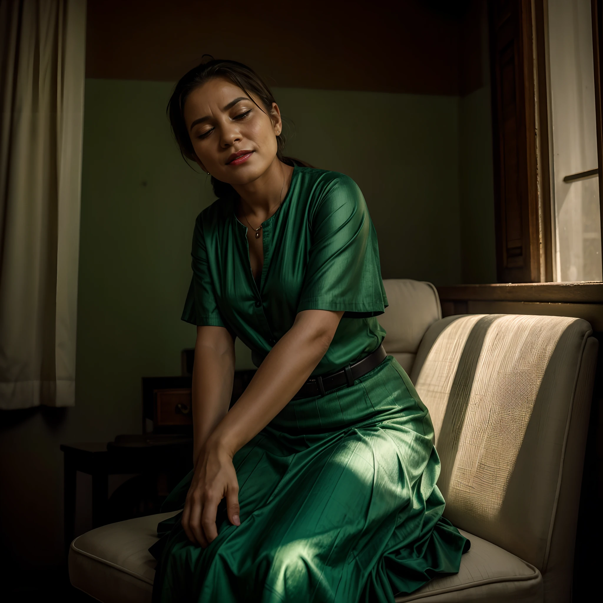 an old actress is crying, (masterpiece, best quality), 1woman, full body, face marked by age, hide feet, documentary photo of Nigerian old woman wears metallic green shirt and a silky dark-green long-skirt, She is watching thorught the window. She holds a letter. Woman's tears drop on the hand-written letter. Sitting in an old armchair. dark athmosphere in the room, Outdoors is raining, Tyndall effect, small particles in the air, very diffuse light, determined movements, green_eyes, red lips, slightly open mouth, closed eyes, soft light, lens flare, silhouette shadows, high res photo, high detailed, (highly detailed skin:1.2), 16k, High details. ultra high res.photorealistic:1.4, UHD, DSLR, soft lighting, high quality, grain color film, FujifilmXT3, low angle point of view