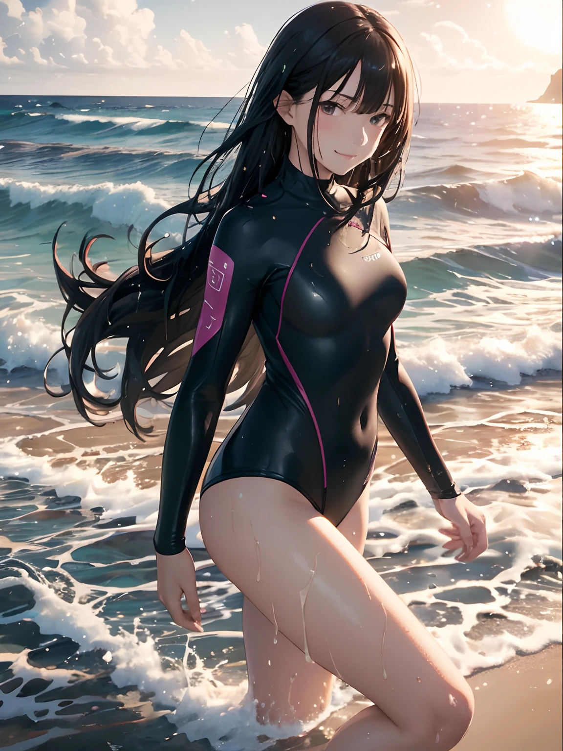 (masutepiece), (Best Quality), hyper detailed illustration，beautiful artwork，(Extreme Detail CG Unity 8K wallpaper、​masterpiece、top-quality)、(exquisite lighting and shadow、highly dramatic picture、cinematic lens effects)、Young ager girl on the beach，1girl in, (Surfsuits:1.3), Solo, Outdoors, Long hair, Wet, breasts, Surfing，Covered navel, skyporn, Water, Black hair, Big smile, Brown eyes, day, Small breasts, Bangs, Sunlight, (Wet:1.3)，(Water splash:1.1)，Open mouth，(straggling hair:1.3)， Dramatic Horizon，(sunlight shining)，(The swimsuit is wet)，(Strong sunshine:1.1)，(Lens Flare:1.2)，(Tsurime:1.2)，Head tilt， information，(From Side:1.2)，(Sweat:1.2)，(light Particle)，(On the beach)， (Colorful wetsuit)，(Evil smile:1.2)，bare-legged，(High-top surfsuit:1.2)，(Bare legs)，