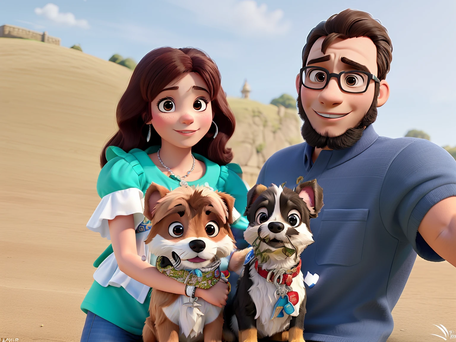 Casal feliz igual filme da Disney amor com um cachorro yorkshire no colo da mulher