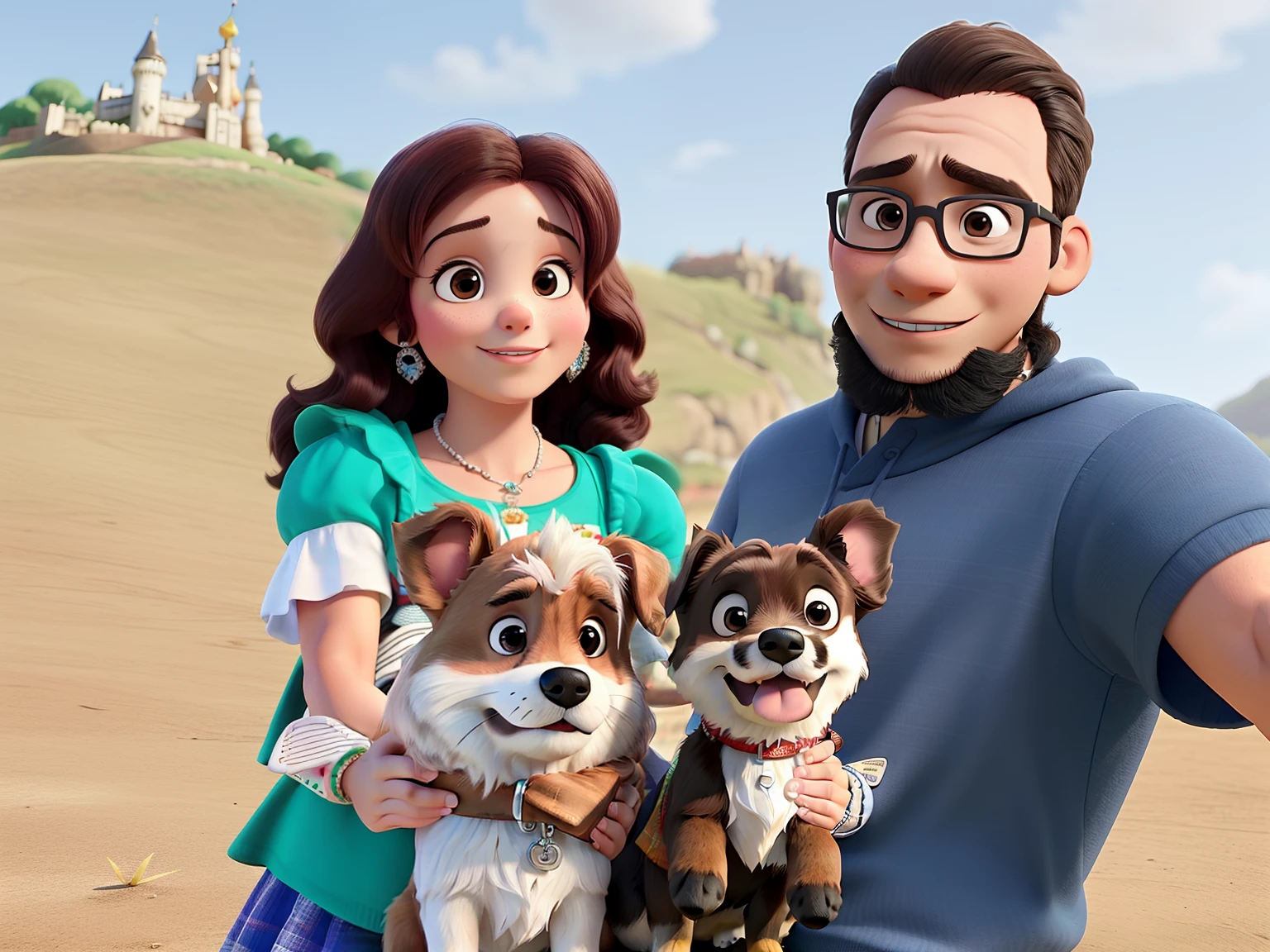 Casal feliz igual filme da Disney amor com um cachorro yorkshire no colo da mulher