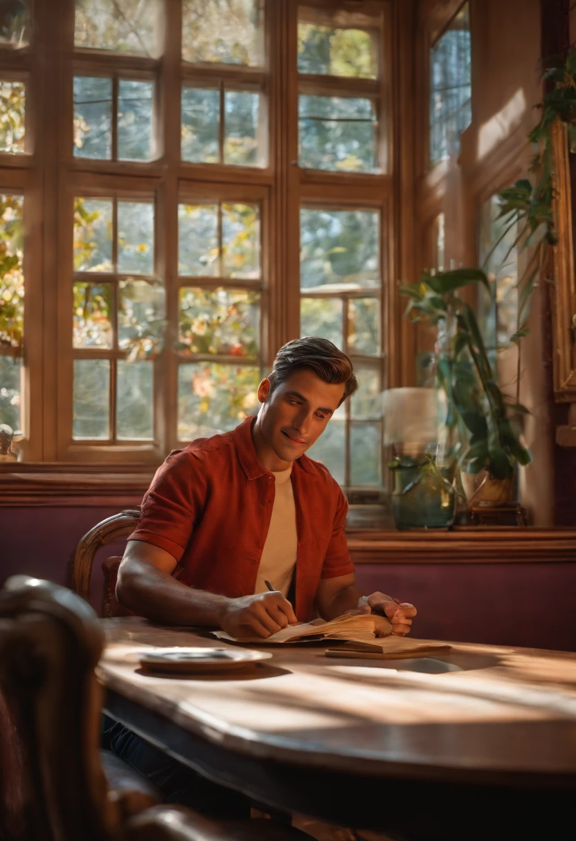 estilo Disney Pixar ,homem sorridente de terno sentado em uma mesa com uma caneta e papel , imagem de alta qualidade