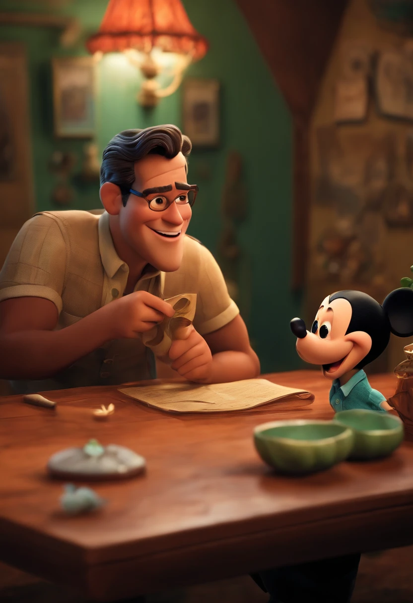 estilo Disney Pixar ,homem sorridente de terno sentado em uma mesa com uma caneta e papel , imagem de alta qualidade