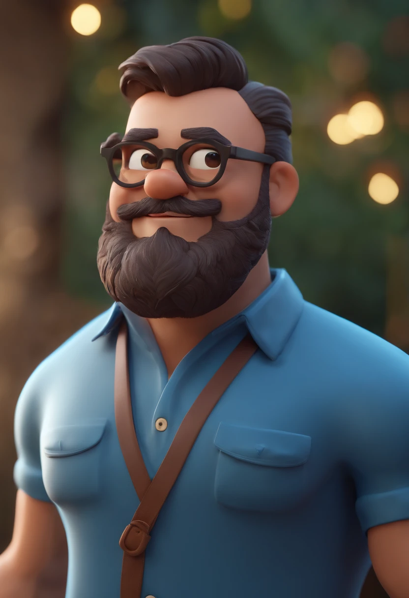 Cartoon character of a man with beard with black glasses and a blue shirt, animation character, Caractere estilizado, animation style rendering, 3D estilizado, Arnold Maya render, 3 d render stylized, toon render keyshot, Personagem 3D, Personagem 3D, 3d rendering stylized, 3 d character render, personagem de desenho animado, Personagem de close up, Pose de personagem,  (Estilo Pixar) (master part:1.2) (Bokeh) (best quality) (pele detalhada) (textura detalhada) (8k) (argila) (Cinematic lighting) (foco nítido