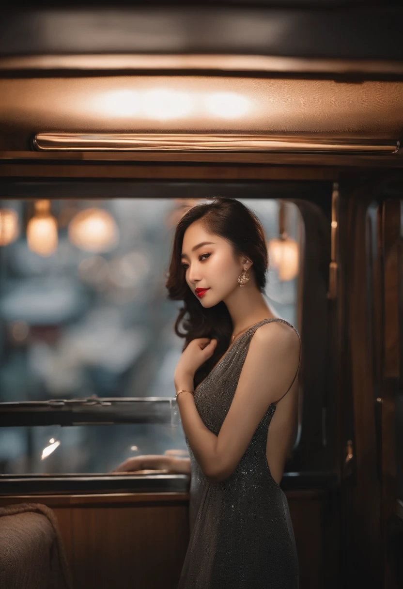 8K、Raw photography、top-quality、masterpiece:1.2)、(realisitic、photoRealstic:1.37)、1girl in、Asian、25-years old、femele、(deep in the night)、sunlights、a room、Daytime cityscape seen from the train window、Studio Lighting、face lights、photon maping、Radio City、Silver hair、Brown skin、A detailed face、Detailed lips、A detailed eye、More skin、二重まぶた、(Huge round:1.3)、((Exposure))、(Sally and blouse、Nepal)、(Saree)、(wearing a Sari)、((no brassiere)))、Exposed cleavage、exposed shoulder、Thigh exposure、(camel's toe)、perfectbody、shinny skin、smirking face、((sitting on))、Make eye contact with the camera、Lens blur for background camera、depth of fields、35 m、ultra-detailliert、ultra-quality、flawless、Anime tattoo on right hand、((Vintage style photography)、Black clothing