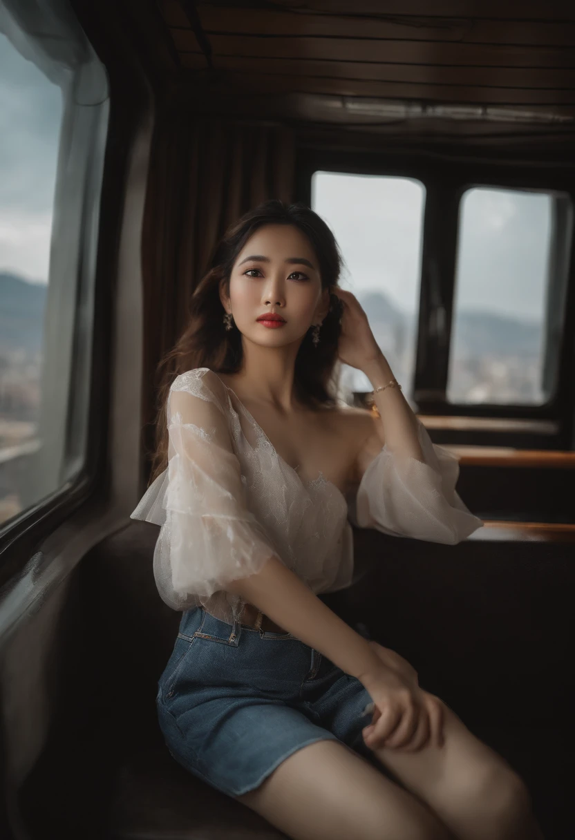 8K、Raw photography、top-quality、​masterpiece:1.2)、(realisitic、photoRealstic:1.37)、1girl in、Asian、25-years old、femele、(deep in the night)、sunlights、a room、Daytime cityscape seen from the train window、Studio Lighting、face lights、photon maping、Radio City、Silver hair、Brown skin、A detailed face、Detailed lips、A detailed eye、More skin、二重まぶた、(Huge round:1.3)、((Exposure))、(Sally and blouse、Nepal)、(Saree)、(wearing a Sari)、((no brassiere)))、Exposed cleavage、exposed shoulder、Thigh exposure、(camel's toe)、perfectbody、shinny skin、smirking face、((sitting on))、Make eye contact with the camera、Lens blur for background camera、depth of fields、35 m、ultra-detailliert、ultra-quality、flawless、Anime tattoo on right hand、((Vintage style photography)、Black clothing