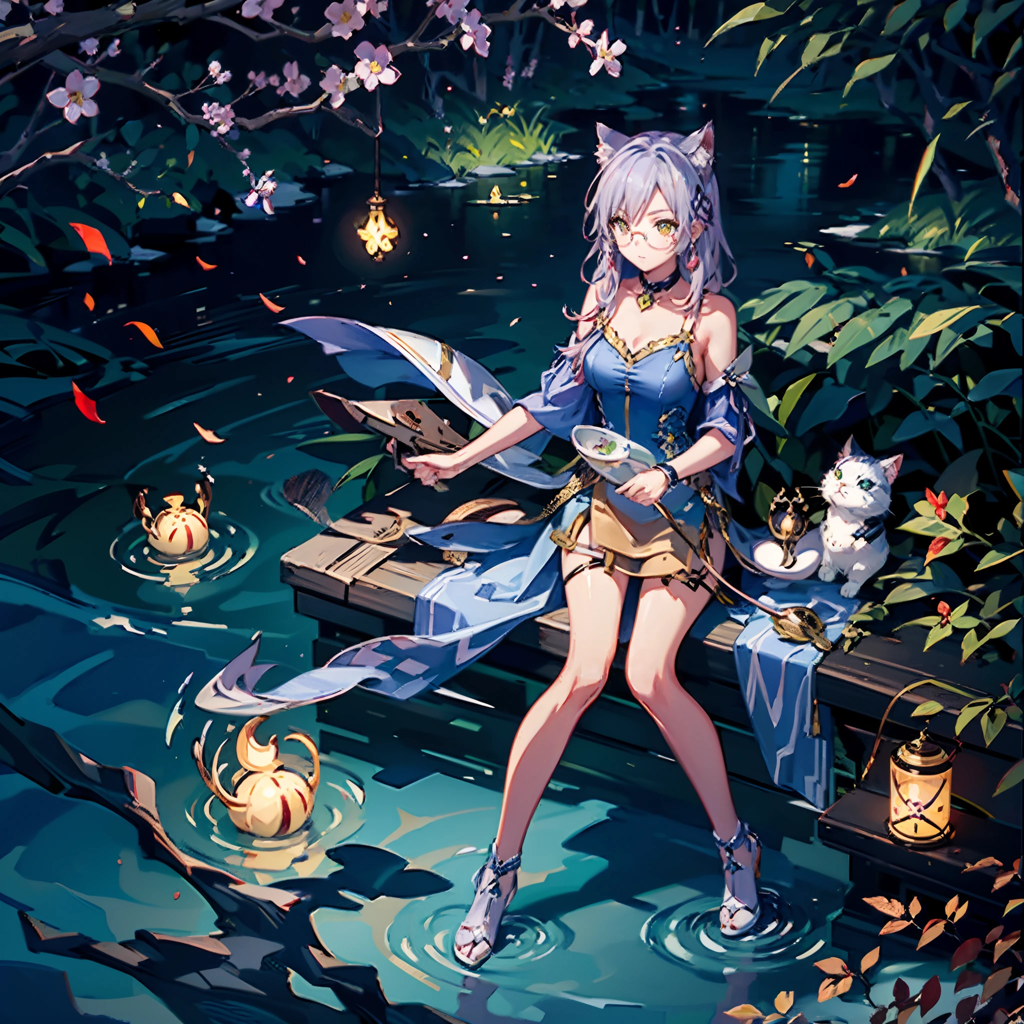 Precision painting、Super delicate、Top image quality、Cheshire Cat、Metallic Chopper、long、Long hair、Animal ears、Cat Ear Original、((1girl in))、(独奏)、landscapes、The scene、Red tree、the woods、lake、autumnal、Longer dress、((eye glass))