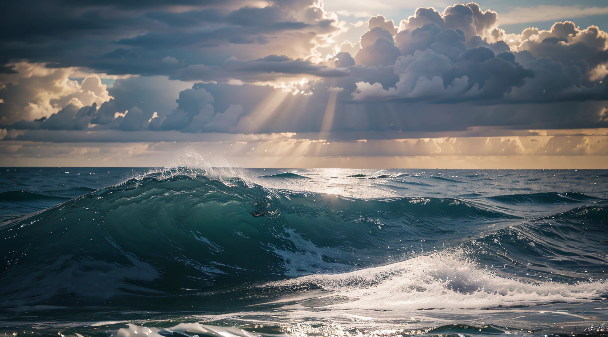 create an ultra realistic image of a sea with waves and rays